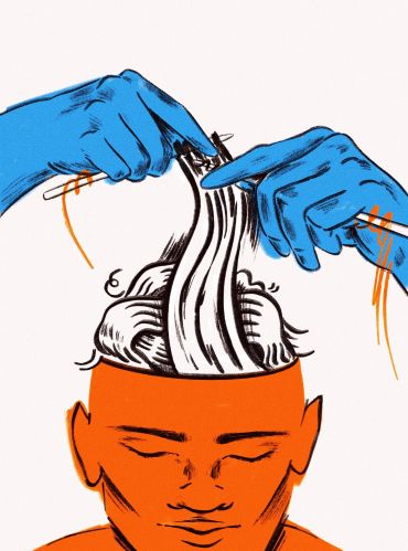 Blue hands knitting brain inside an orange head.