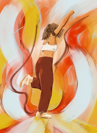 Woman dancing with colorful abstract background.