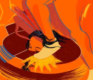 Abstract art of a person with vibrant oranges and reds.