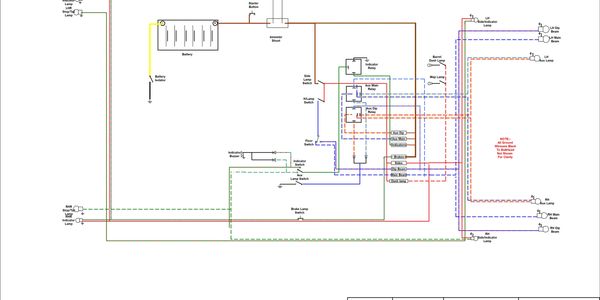 A detailed automotive wiring diagram showing battery, switches, and lamps connections.
