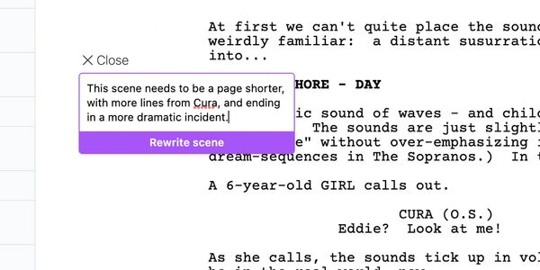 A screenshot of the Saga script page. The user is editing Scene 1 and asking Saga to rewrite it.