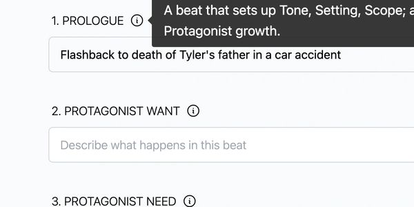 A screenshot of the Beat sheet page on Saga. User viewing tooltip for filled in Prologue beat.