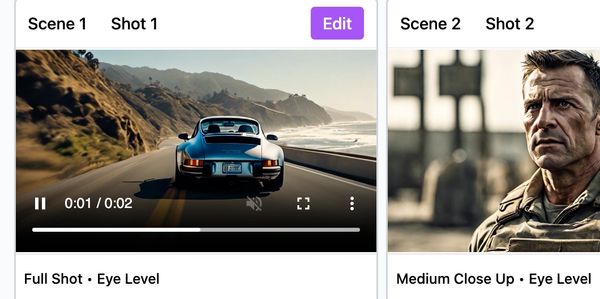 Screenshot of the Storyboard page on Saga, with a close-up of a previz animated shot of a car.