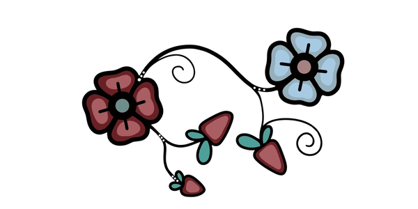 Whimsical floral design with red and blue flowers and green leaves on black background.