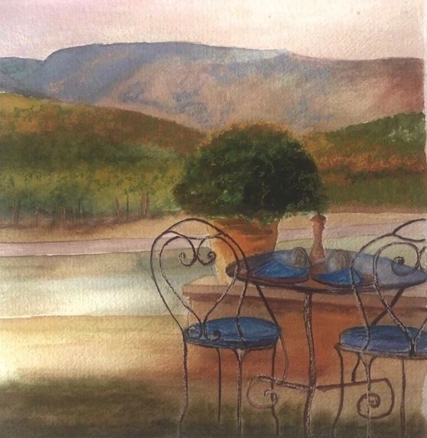 “Al fresco at La bastide de Marie”
Watercolour on paper
 11” x 14”