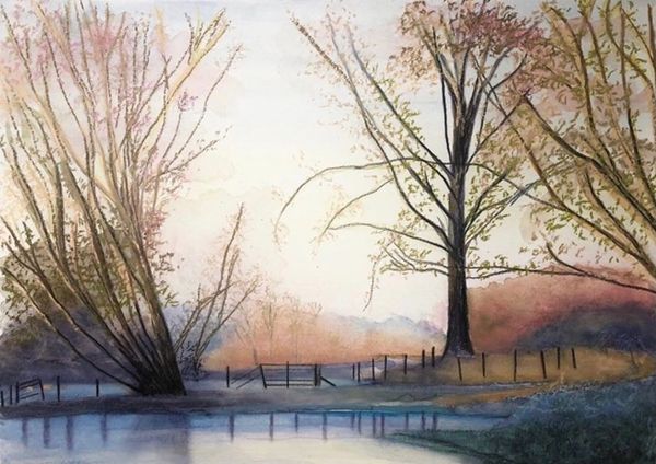 “Morning mist over an English countryside pond”
Watercolour on paper
11” x 14”