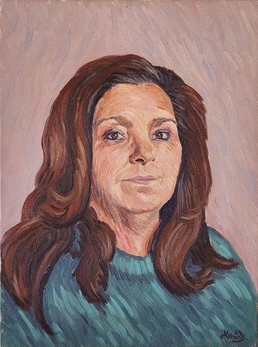 Oil painting portrait of a woman with long brown hair.
