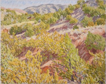 Impressionist landscape with hills and foliage.