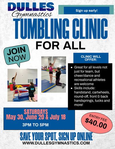 Dulles Gymnastics Tumbling Clinic for all ages and skill levels, with sign-up details.
