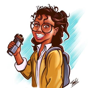 Smiling woman with glasses holding a water bottle.