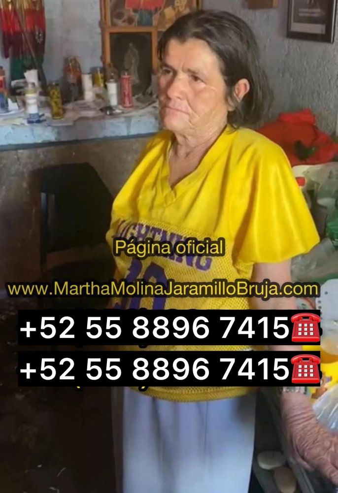 Elderly woman in a yellow shirt standing indoors with contact information overlay.