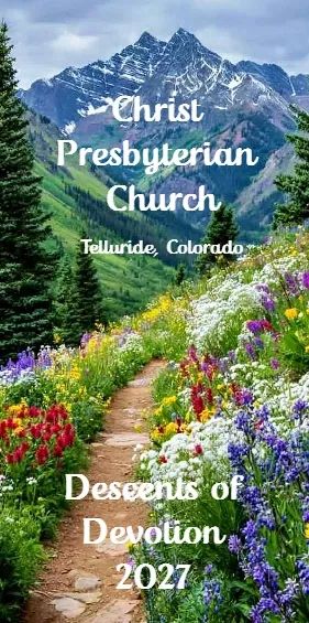 Colorful mountain trail with flowers and event text.