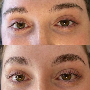 a before and after of this gorgeous brow lamination and lash lift with tint 