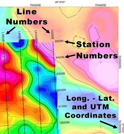 VGI geophysics maps represent line and station numbered pickets for mining exploration drill targets
