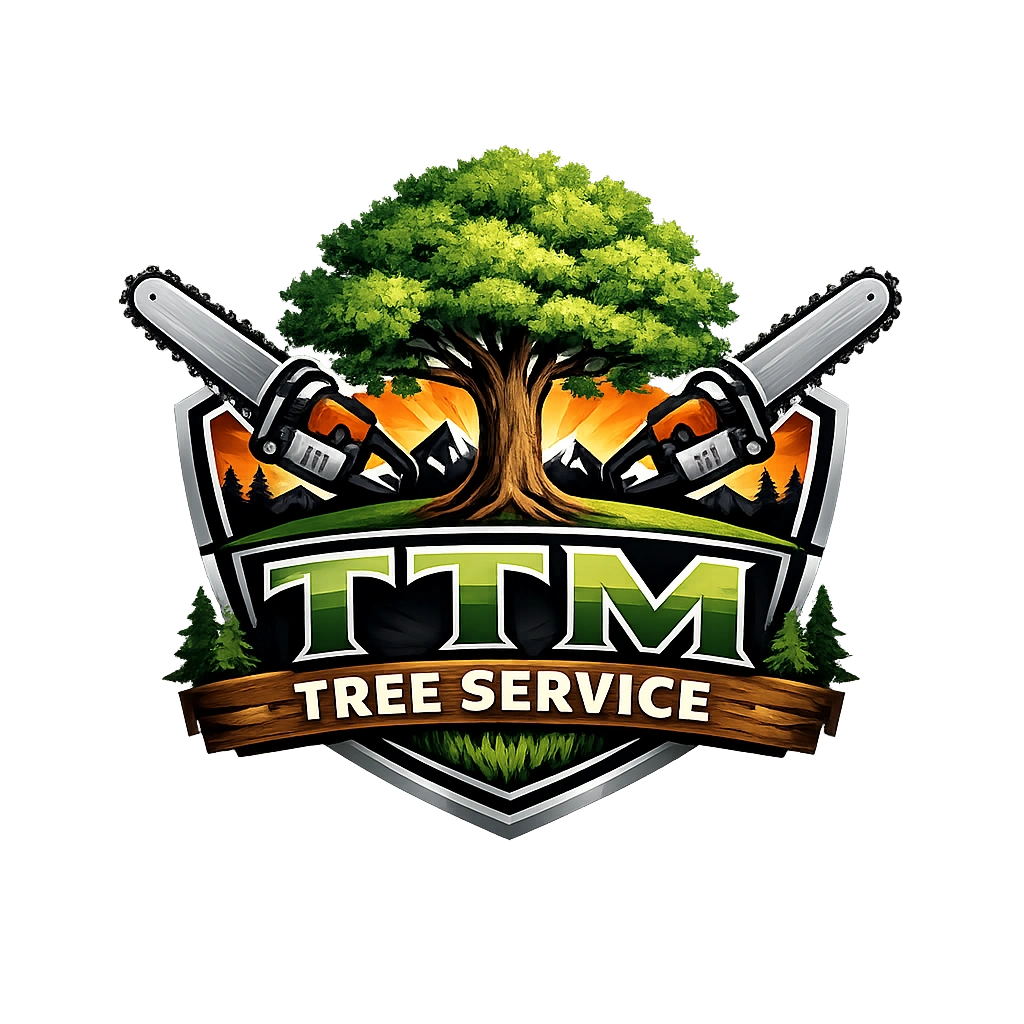 Logo featuring a tree with chainsaws and text 'TTM Tree Service'.