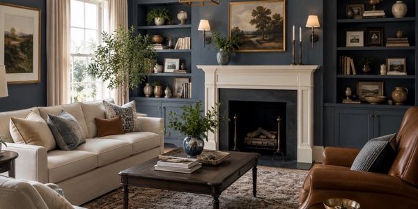 Elegant living room with blue walls, white sofa, and leather armchair.