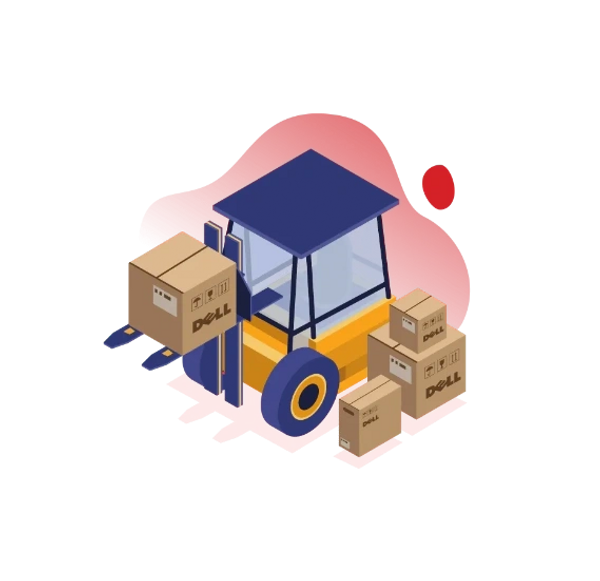 Isometric forklift carrying Dell-branded boxes amid more stacked boxes.