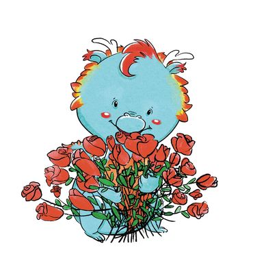 A little blue dragon offering a bunch of red roses.