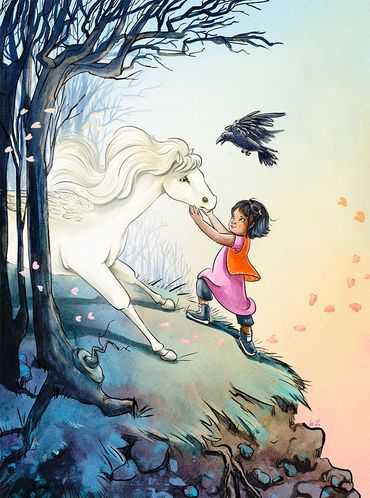 A little girl and a crow encourages a young flying horse to fly from the top of a cliff.