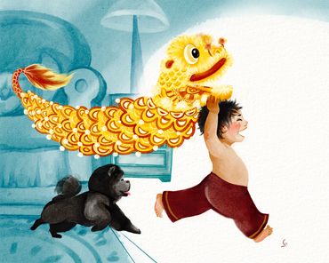 A Vietnamese boy and has Chow Chow do the dragon dance.