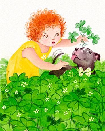 A toddler and her puppy searches for a lucky clover