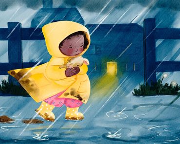 A little girl battles the rain to save a piglet.