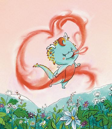 A little blue dragon breathes a heart shaped fire ring in a field of flowers under a pink sky.