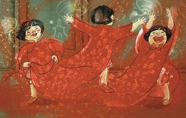 A little girl dressed in her mother's shimmering, red áo dài imagines herself dancing at  the Autumn