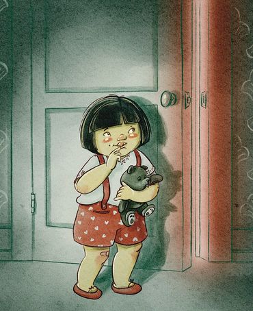 A glowing red light temps a child to look into a closet. 