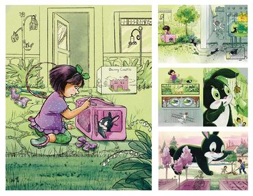 An art page about a bunny gaining super powers and defeating a scientist growing engineered foods. 