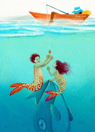 Two little mermaids plays a trick on a sleeping fisherman.