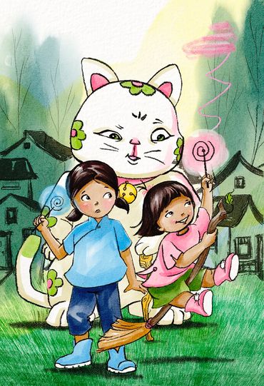 Sister witches, Lulu and Immy, are practicing their magic under the watchful eye of Lucky Kat. 