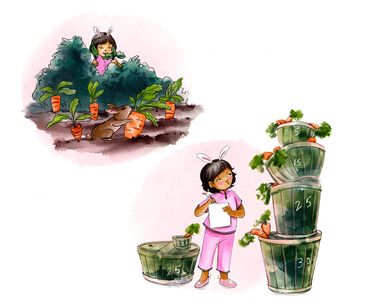 A girl hides behind a bush and spies on a rabbit as it munches on a carrot. Then she counts carrots.