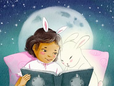 A little girl reads a book with her friend, the moon rabbit.