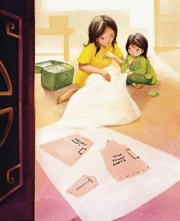 A little girl and her mom are sewing a white dress in a room filled with warm sunrise light. 