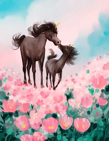 A mother and baby unicorn walking through a field of flowers.