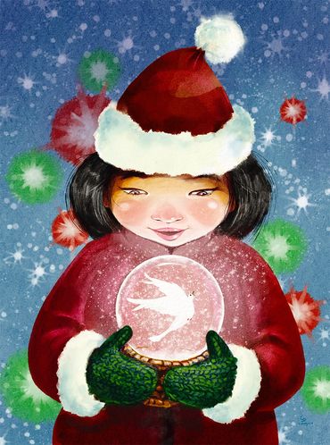 A white dove in a snow globe captivates a little Asian girl dressed in a red velvet coat and hat. 