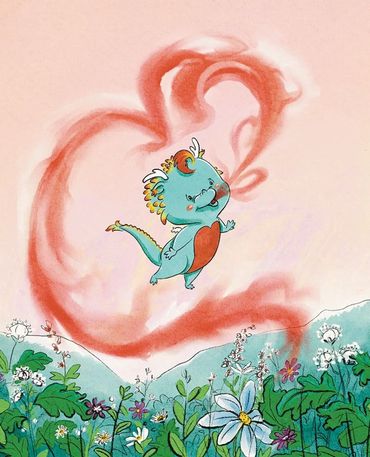 Cupid the dragon flies around blowing heart shaped fire rings. 
