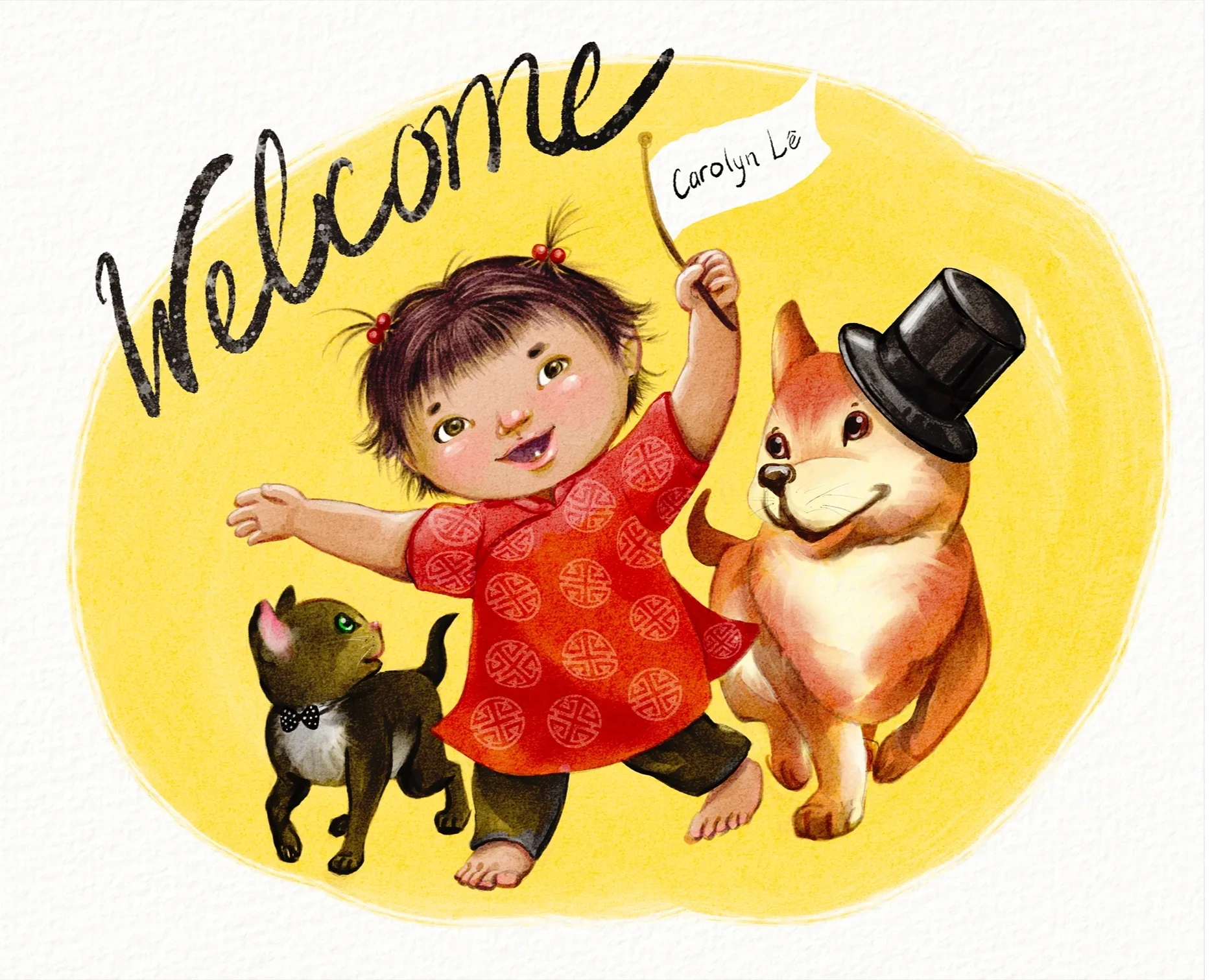 A little girl, a kitten wearing a bow tie, and a puppy wearing a top hat welcome people to the websi