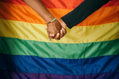 Two people holding hands in front of a rainbow pride flag.