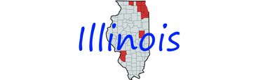 Map of Illinois with several counties highlighted in red and the word Illinois in blue.