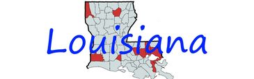 Map highlighting areas in Louisiana with blue and red marks and the word Louisiana.