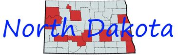 Map of North Dakota with certain counties highlighted in red.