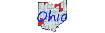 Map of Ohio highlighting red counties with 'Ohio' written in blue.