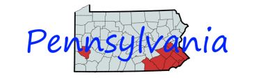 Map of Pennsylvania with southwestern and southeastern regions highlighted in red.
