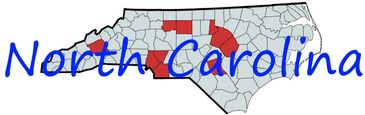 Map of North Carolina highlighting specific counties in red.