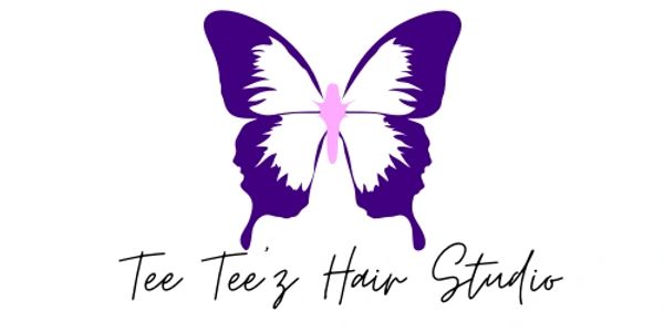 Elegant butterfly logo for Tee Teez Hair Studio in purple and pink.
