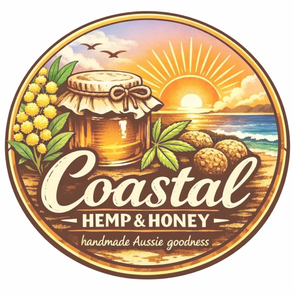 Stylised Coastal Hemp & Honey logo image of sunny coastal scene with wattle, honey and protein balls