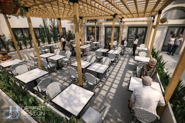Outdoor cafe seating under a wooden pergola in a sunny courtyard.