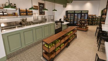 Modern grocery store interior with fresh produce displays.